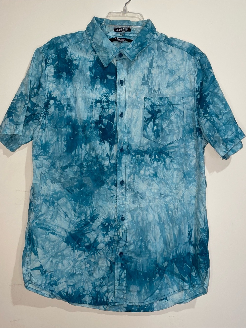 Carbon Classic Fit Blue Splotchy Tie Die Button Up Collared Front Pocket L Shirt